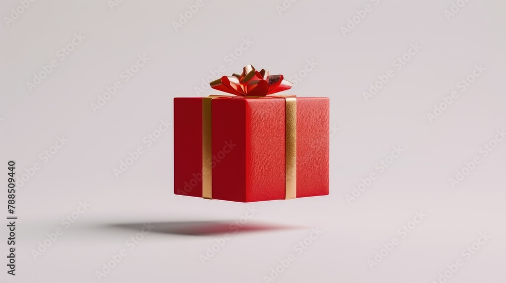 Obraz premium A vibrant red gift box adorned with a stylish gold satin bow gracefully floats in the air against a pristine white backdrop embodying the spirit of festive occasions like Christmas New Year