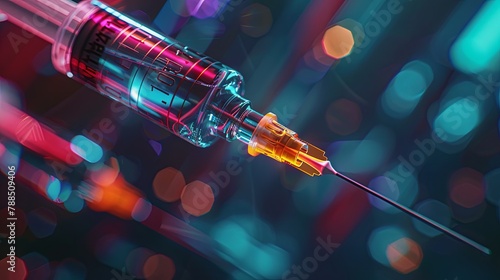 Syringe with glowing liquid against a vibrant bokeh light background, representing medical innovation and futuristic treatments
