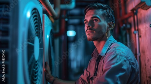HVAC technician by an air conditioner unit, flashlight highlighting strong posture and assured expression photo
