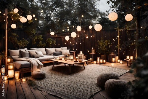 a tranquil patio with a wooden deck, soft rugs, and lanterns, creating a peaceful haven that embodies the essence of Scandinavian hygge. photo