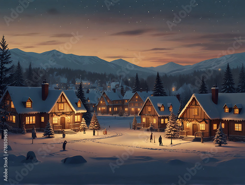 A bloomy Christmas village with Snow in vintage style, Winter Village Landscape. Christmas Holidays. Illustration style, dawn photo