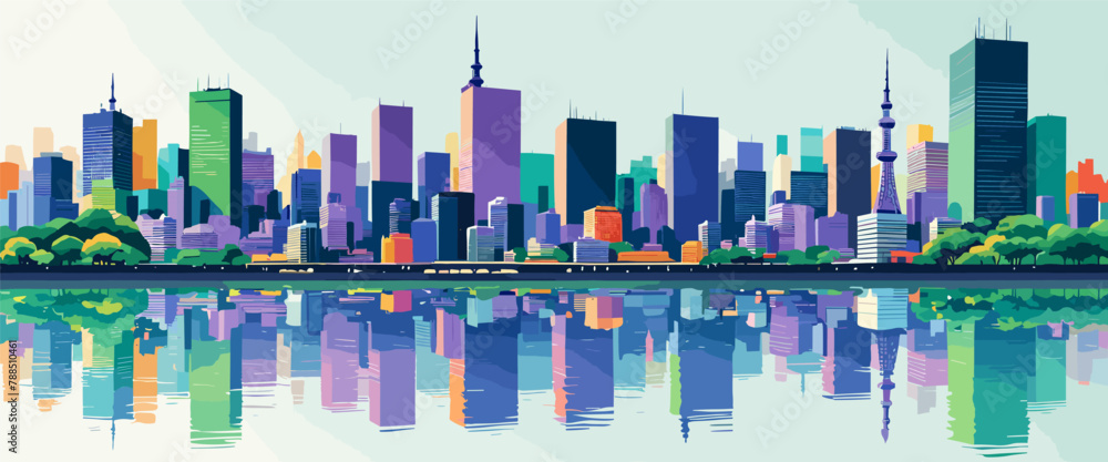 Colorful cityscape background, City buildings and river at city view. Urban landscape. Modern architectural flat style vector illustration, border, banner.