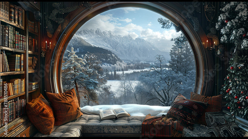 A charming window seat overlooking a snowy landscape, the perfect place to curl up with a book. photo