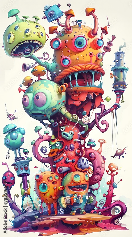A quirky and colorful vector art piece showing a family of characters in a fantastical world