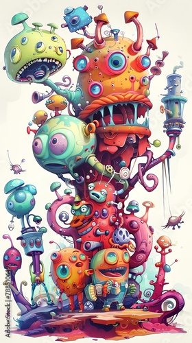 A quirky and colorful vector art piece showing a family of characters in a fantastical world