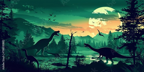 A design of a family of dinosaurs playing in a prehistoric landscape