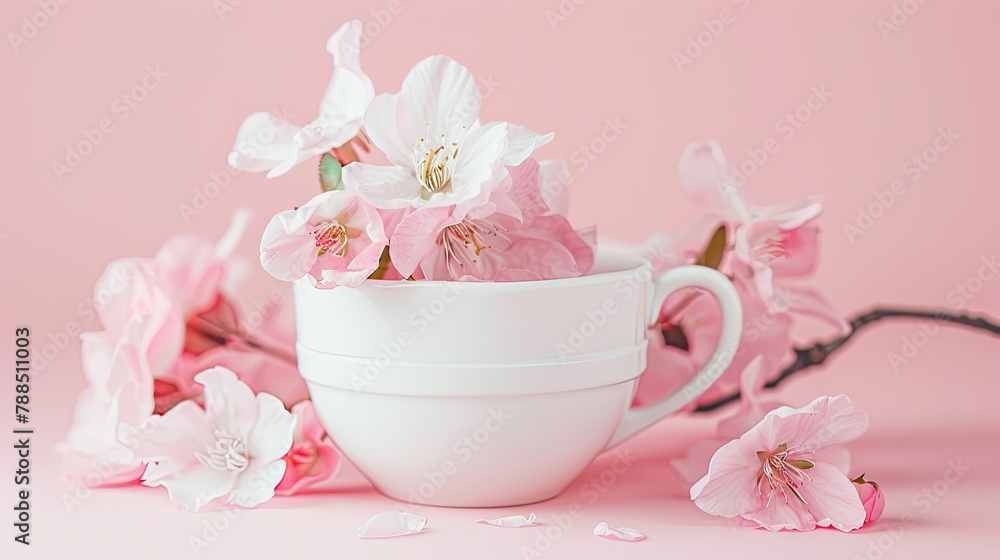 A charming postcard template featuring a white cup adorned with pretty pink flowers against a soft pink backdrop perfect for Valentine s Day or Women s Day celebrations This festive design A charming postcard template featuring a white cup adorned with pretty pink flowers against a soft pink backdrop perfect for Valentine s Day or Women s Day celebrations This festive design
