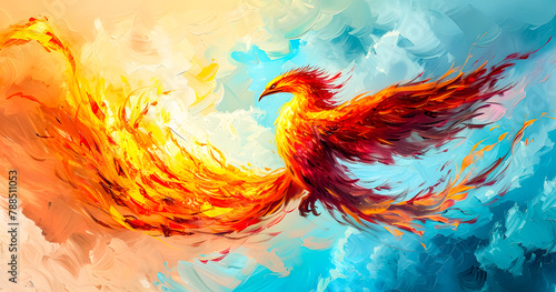 abstract painting of a burning phoenix bird flying in a blue sky full of clouds. abstract background. Phoenix fire wallpaper