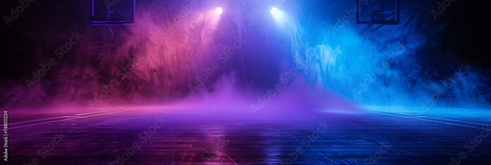 empty dark stage with blue pink spotlights , fog and smoke in the air, for opera performance. Stage lighting. Empty stage with bright colors backdrop decoration. Entertainment. empty theater stage	