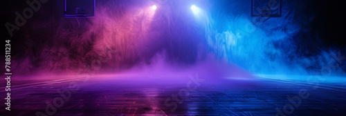 empty dark stage with blue pink spotlights , fog and smoke in the air, for opera performance. Stage lighting. Empty stage with bright colors backdrop decoration. Entertainment. empty theater stage	