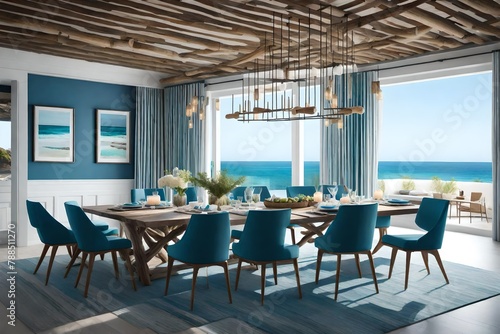 a coastal-inspired dining room with driftwood accents  oceanic hues  and breezy fabrics  creating a seaside haven for shared moments.