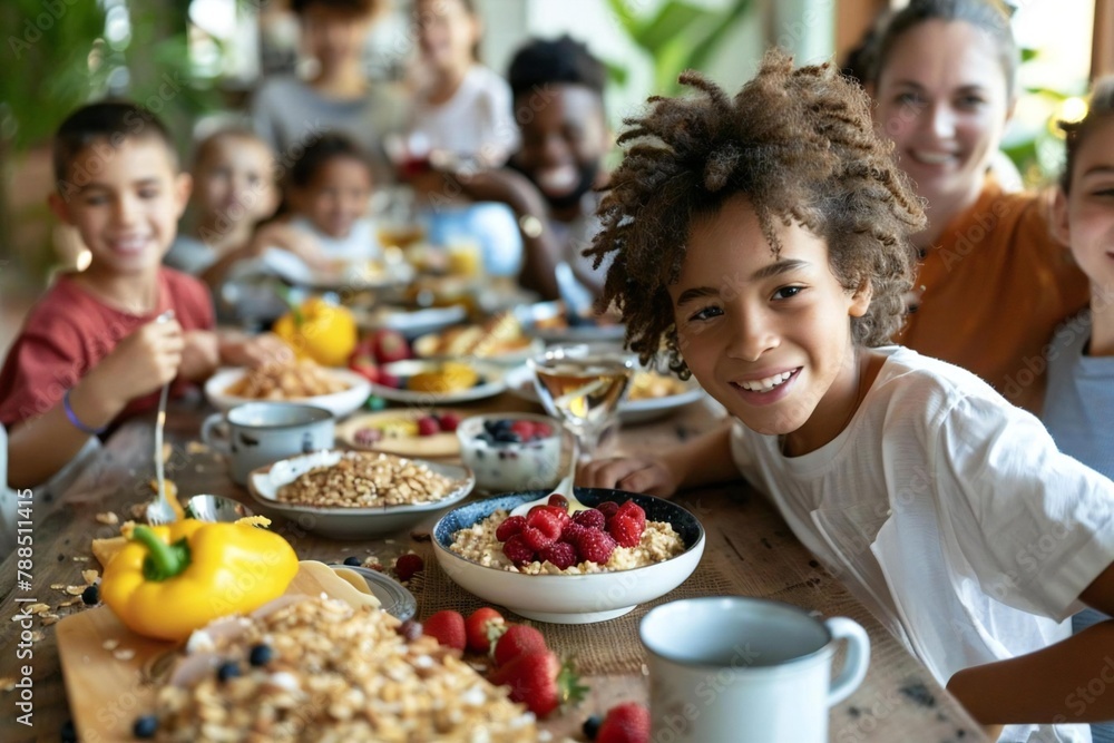 Diverse group of people, funny kids with silly, grinning children savoring breakfast brunch and eating oatmeal topped with fruit and berry Youthful team smiling and enjoying cereal and porridge grits.