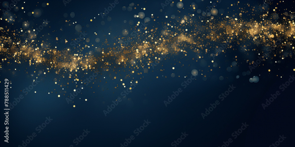 Background of golden particles on blue background. - obrazy, fototapety, plakaty 