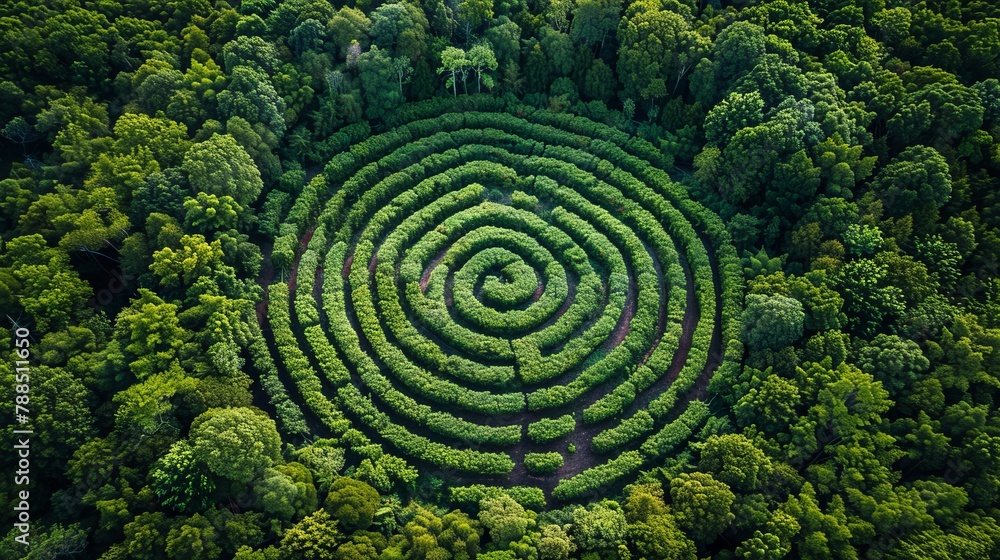 Aerial view a natural labyrinth in the garden. Photo from the drone Aerial view a natural labyrinth in the garden. Photo from the drone