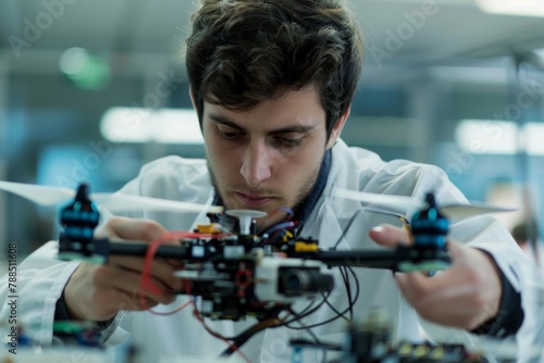 Young engineer focused on assembling and configuring drone technology in a modern lab