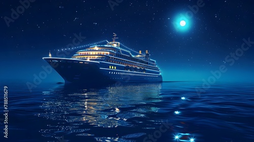 Modern Cruise Liner's Tranquil Nighttime Voyage Across Moonlit Ocean © pkproject