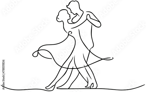 Dancing couple continuous line vector illustration, silhouette Dancing couple