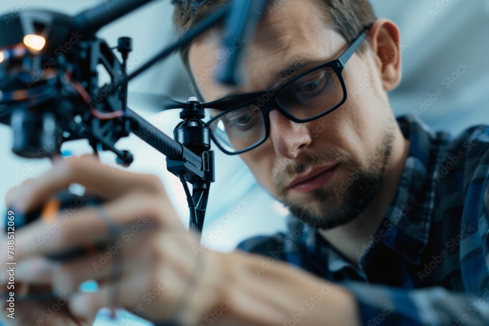 Focused engineer meticulously adjusting drone technology in a workshop Focused engineer meticulously adjusting drone technology in a workshop