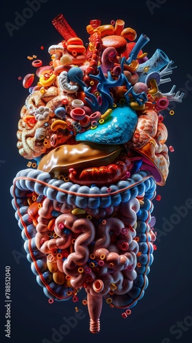 An illustration of the digestive system made of candy and junk food. photo