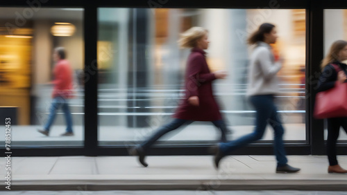 Pedestrians Walking Past Shop Windows with too much motion blur, low shutter speed Shoppers Pass by Storefront Display, City Life in Motion, rush hour