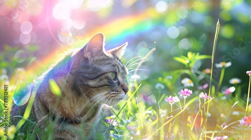 Feline Contentment: A Cat Peacefully Eating Grass Under a Rainbow in a Lush Garden