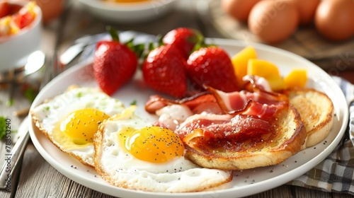Fried eggs with bacon and strawberry on wooden table, closeup photo