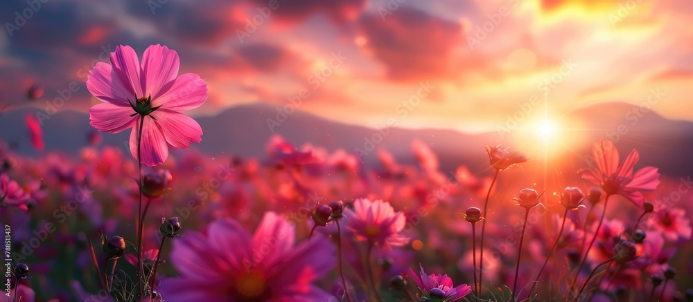 Sunset scenery featuring a stunning field of pink and red cosmos flowers against a natural landscape backdrop