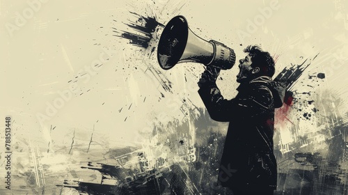 Young man shouting through a megaphone on grunge background