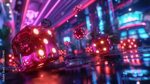 Pink translucent dice in a neon-lit city
