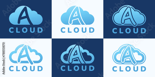 Set of letter A blue cloud logo. This logo combines letters and cloud shapes. Suitable for internet companies, apps, digital storage and the like.