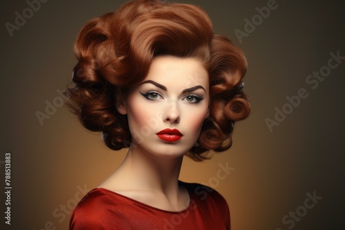 Fashionable Retro hairstyle woman model. Happy salon. Generate Ai