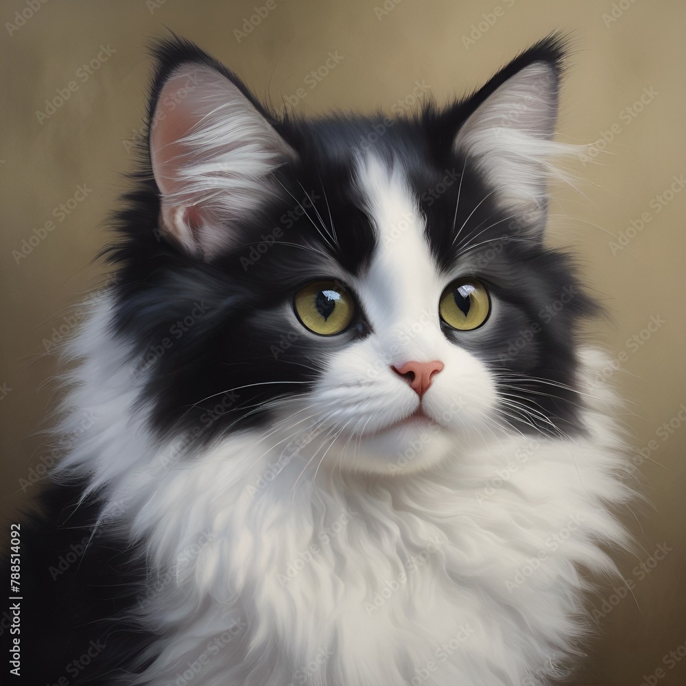 Black and white fluffy kitten portrait 