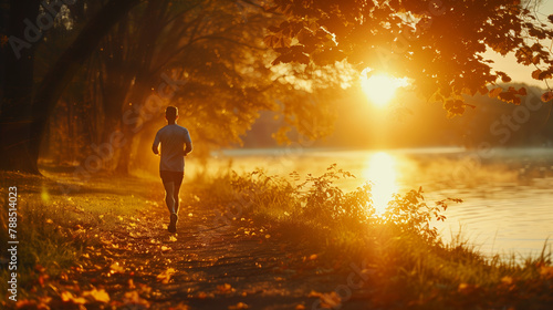 A person enjoys a morning jog along a scenic path as the sun rises, the golden light casting a warm glow on the surroundings, showcasing the invigorating effects of early exercise.