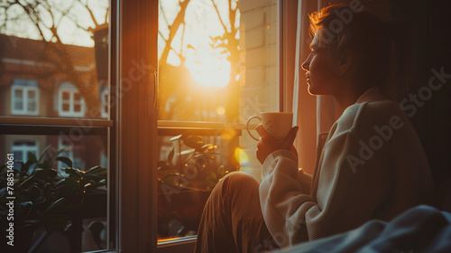 A person sits by a window, cradling a cup of coffee or tea, their face illuminated by soft morning light, radiating contentment and tranquility as they begin their day. photo