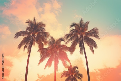 Serene Retro palm beach sky. Sunrise island. Generate Ai © juliars