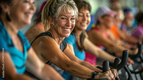 Enthusiastic participants pedal away in an indoor cycling class