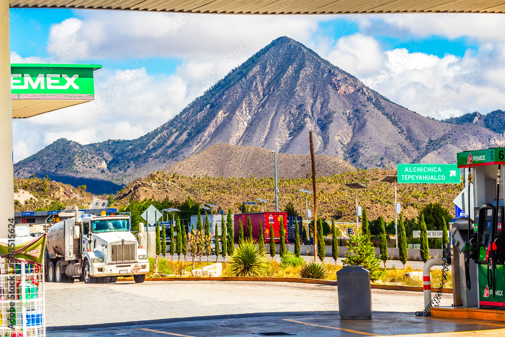 Cerro de Pizarro on the Puebla highway with pemex gas station on mexico