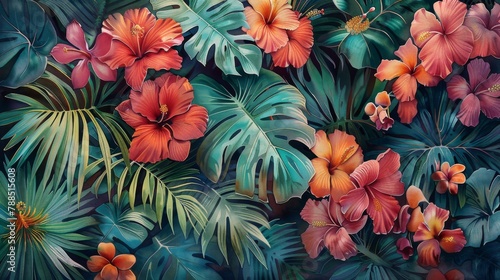 Bring the beauty of nature indoors with a traditional watercolor painting featuring a close-up eye-level angle of intricate tropical art patterns Highlight the delicate details of palm leaves and exot photo