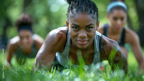 Fitness enthusiasts challenge themselves with an outdoor bootcamp workout, their determination evident as they tackle bodyweight exercises, agility drills, and strength challenges in a park photo