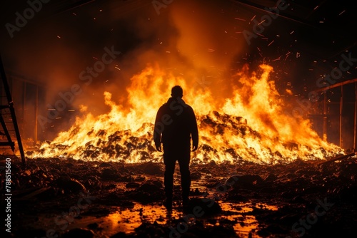 rear view  a man looks at a pile of burning garbage at night