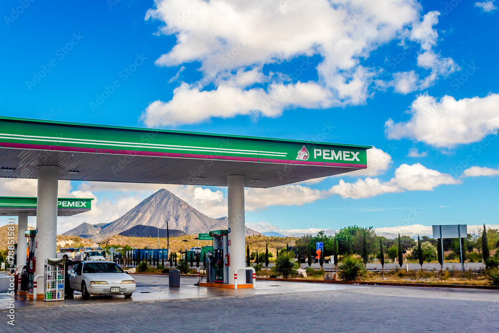 Cerro de Pizarro on the Puebla highway with pemex gas station on mexico