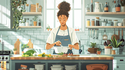 In a cozy kitchen, someone prepares a homemade meal with care and attention, surrounded by ingredients and utensils, their expression reflecting contentment and satisfaction.