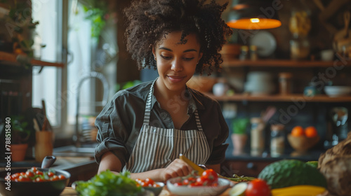 In a cozy kitchen, someone prepares a homemade meal with care and attention, surrounded by ingredients and utensils, their expression reflecting contentment and satisfaction.