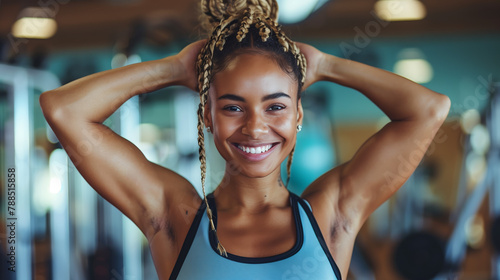 In a gym, someone flexes their muscles a satisfied grin on their face, celebrating the progress they've made in their fitness journey.