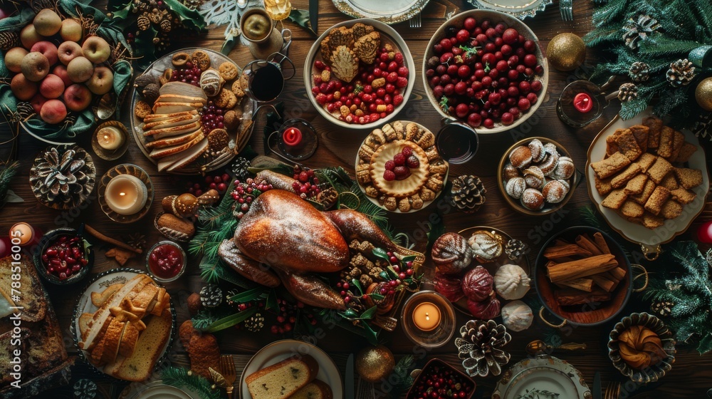 Capture a wide-angle view of a festive Christmas table laden with an assortment of traditional dishes like roasted turkey, gingerbread cookies, Yule log cake, and mulled wine in a traditional art medi