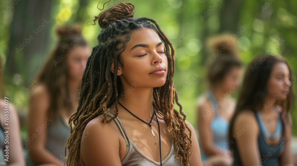 In a serene outdoor setting, a group practices yoga with closed eyes and serene expressions, finding inner peace and connection through mindful movement and breath. In a serene outdoor setting, a group practices yoga with closed eyes and serene expressions, finding inner peace and connection through mindful movement and breath.