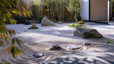In a meticulously designed Zen garden, smooth stones and carefully placed foliage create a harmonious atmosphere of serenity and balance