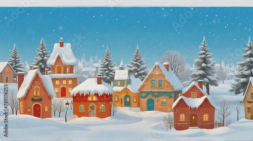 A bloomy Christmas village with Snow in vintage style, Winter Village Landscape. Christmas Holidays. Illustration style, snow fall © Prateek