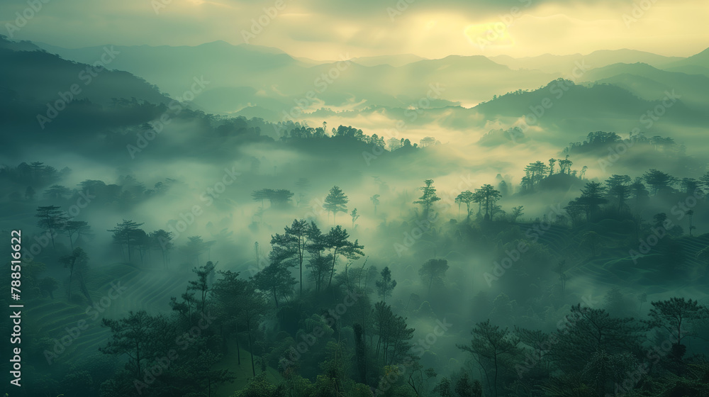 Obraz premium Shrouded in morning mist, a serene landscape emerges with trees and hills rising from the haze, creating a sense of mystery and tranquility in the early hours.
