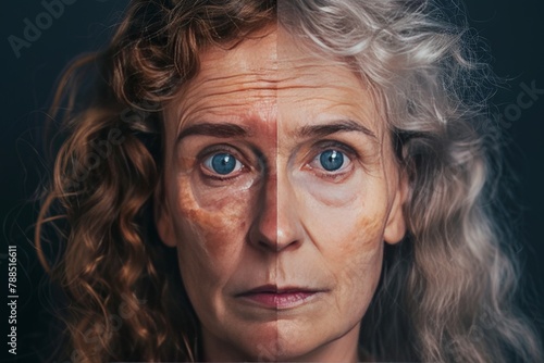 Chronological Aging and Division of Skincare: Dual Portraits Demonstrating Age Progression and Treatment in Aging Studies.